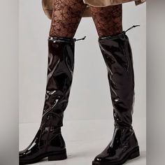 Nwot Free People Go Go Gloss Over The Knee Boots Size 37/ 6.5 And 39/ 8.5 Winter Knee-high Patent Leather Boots, Fall Patent Leather Knee-high Boots, Patent Leather Knee-high Boots For Fall, Bling Crafts, Free People Shoes, Free People Black, Over The Knee Boots, Over The Knee, The Knee