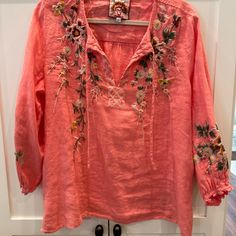 Embroidered Top Never Worn Embroidered Long Sleeve Peasant Top, Bohemian Peasant Top With Floral Embroidery V-neck, Bohemian Embroidered Cotton V-neck Top, Summer Embroidered V-neck Peasant Top, Johnny Was Clothing Shirts & Tops, Embroidered Clothes, Johnny Was, Embroidered Top, Top Blouse