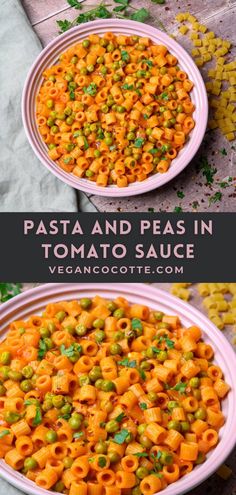 two bowls filled with pasta and peas in tomato sauce, next to the same bowl