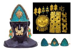 two pieces of gold and turquoise jewelry are next to an image of a man's head