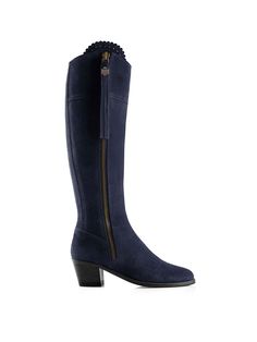 The Heeled Regina (Sporting Fit) - Navy Blue Suede Narrow Calf Boots, Blue Suede Boots, Smaller Calves, Tall Heeled Boots, Womens Tall Boots, Fairfax And Favor, Blue Suede Heels, Cuban Heels, Long Boots