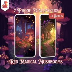 phone wallpapers with red magic mushrooms in the background and an image of a forest