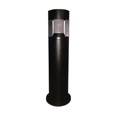 a black cylinder with a white light on top and a metal pole in the middle