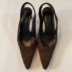 Never Worn Valentine Chocolate Brown Suede Sling Back Pointed Toe/2”Squared Heel::Sz 8 B Heels Italy Pre Owned But Never Worn Condition Brown Low Heel Slingback Pumps For Party, Elegant Brown Low Heel Slingback Pumps, Brown Slingback Kitten Heels For Evening, Brown Ankle Strap Kitten Heels For Formal Occasions, Elegant Brown Medium Width Slingback Pumps, Brown Pointed Toe Slingback Pumps, Fitted Brown Slingback Pumps With Pointed Toe, Brown Pointed Toe Slingback Pumps With Wrapped Heel, Formal Brown Slingback Pumps With 4-inch Heel