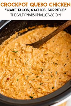 crockpot queso chicken in a slow cooker with text overlay