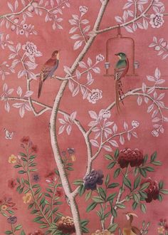 two birds are perched on the branches of a tree in front of a pink wall