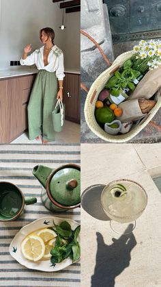 a woman standing in front of a kitchen counter next to plates and bowls filled with food