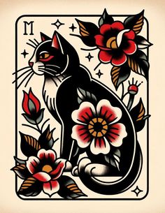 a black cat sitting on top of a flowered playing card with red and white flowers