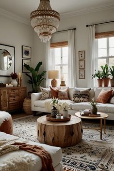 a living room filled with lots of furniture and plants on top of a coffee table