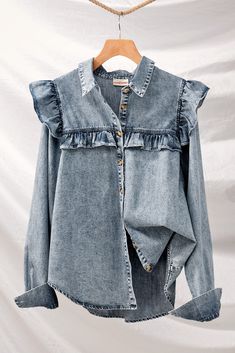 Mix Up Your Average Denim Shirt With Feminine Ruffles! Denim Shirt with Ruffled Flared Shoulder Button Down Color - Medium Wash Cotton Fits True To Size Remake Clothes, Denim Shirt Outfit, Shirt Makeover, Blouse Tops Designs, Modern Hijab Fashion, Blouse Casual Fashion, Upcycle Shirt, Womens Denim Shirt, Denim Ideas