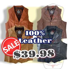 Elevate your Style with 100% Leather Vest, hand cut from a full sheet of vegetable treated cowhide.  Adorned with a classic collar and snap closures. Fully lined with an interior pocket large enough to hold a cell phone. Collar Vest, Mens Vests, Leather Belts Men, Photography Lighting, Leather Hats, Leather Products, Men's Vest, Vest Outfits, Leather Vest