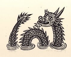 an ink drawing of two dragon heads in water