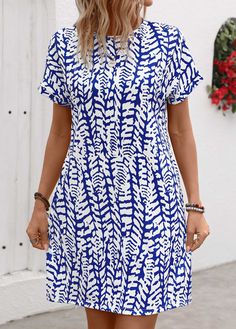 Casual Blue Printed Mini Dress, Blue Shift Mini Dress With Short Sleeves, Blue Printed Knee-length Mini Dress, Casual Royal Blue Knee-length Dress, Blue Printed Shift Mini Dress, Casual Royal Blue Dress For Vacation, Blue Crew Neck Summer Dresses, Blue Summer Crew Neck Dresses, Casual Royal Blue Mini Dress For Summer