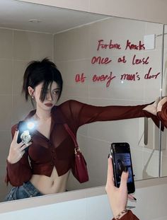 Red Aesthetic Photoshoot, Red Girly Aesthetic, Mirror Poses Ideas, Pose Ideas Mirror, Pretty Poses, Mirror Pose, Streetwear Korean, Sheer Crop Top, Outfit Korean