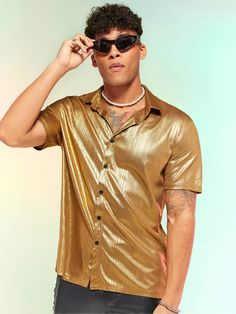 Gold Boho Collar Short Sleeve Woven Fabric Plain Shirt Embellished Slight Stretch  Men Tops Gold Men’s Outfit, Gold Outfit Aesthetic Men, Nye Outfits For Men, Mens Gold Outfit, Men Gold Outfit, Golden Outfit Men, Glamour Outfit Men, Black And Gold Outfit Men, Metallic Outfit Men