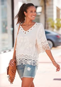 Cream Crochet Trim Tunic Blouse F04092 | LASCANA Chic V-neck Top For Beach Season, Breezy V-neck Tops For Beach, V-neck Top For Summer Outings, Beachy V-neck Top For Day Out, Bohemian V-neck Blouse For Day Out, Breezy Short Sleeve Tops For Beach Season, Summer Beach Cover-up Flowy Blouse, Summer Bohemian V-neck Blouse, Summer Beachwear Tops For Brunch