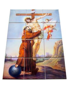 a tile mural depicting jesus on the cross