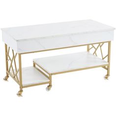 a white marble topped coffee table with gold metal legs and two tiered trays