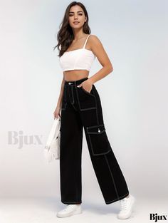 Bjux - Chic Flap Pocket Cargo Pants with High Waist, Loose Fit Y2K Style Straight Jeans for Women - Premium Denim Apparel Summer Wide Leg Bottoms With Contrast Stitching, High Rise Bottoms With Contrast Stitching For Streetwear, Urban Wide Leg Pants With Contrast Stitching, High Waist Cotton Bottoms With Contrast Stitching, Casual Full-length Pants With Contrast Stitching, High Rise Utility Cargo Jeans With Contrast Stitching, Wide Leg Cotton Cargo Jeans With Contrast Stitching, High Rise Cotton Bottoms With Contrast Stitching, Spring Bottoms With Contrast Stitching Full Length