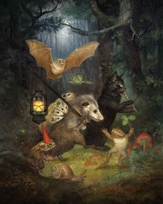 a painting of animals in the woods with bats, mushrooms and other things around them