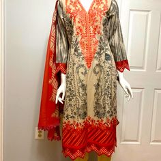 Dresses Unstitched Cotton Lawn Suit For Fall, Unstitched Long Sleeve Orange Lawn Suit, Beige Cotton Lawn Suit For Summer, Unstitched Elegant Orange Lawn Suit, Elegant Unstitched Orange Lawn Suit, Red Long Sleeve Lawn Suit For Spring, Casual Multicolor Lawn Suit For Spring, Red Cotton Lawn Suit For Spring, Fitted Casual Lawn Suit For Spring