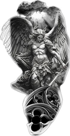 an angel tattoo design on the back of a man's arm, with black and white ink