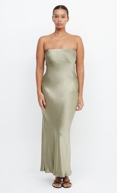 Moon Dance Strapless Bridesmaid Dress in Sage Green by Bec + Bridge Full-length Bias Cut Maxi Dress For Gala, Full-length Maxi Dress With Bias Cut For Gala, Sleek Bias Cut Maxi Dress For Prom, Sleek Full-length Bias-cut Maxi Dress, Evening Dress With Bias Cut And Straight Neckline, Bias Cut Maxi Dress For Gala, Bias Cut Floor-length Midi Dress For Gala, Sleek Bias Cut Maxi Dress With Cowl Back, Sleek Maxi Dress With Cowl Back And Bias Cut