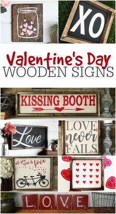 valentine's day wooden signs with the words kissing booth and love is in the air