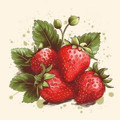 three strawberries with green leaves on the top and bottom, sitting next to each other