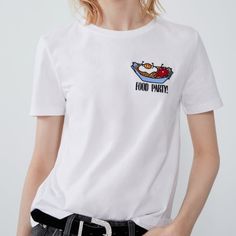 Who Doesn’t Love A Food Party? Fun Embroidery... Your Shirt Can Be The Conversation Starter White Graphic Print T-shirt For Brunch, White Embroidered T-shirt For Summer, Trendy Summer T-shirt With Embroidered Logo, Trendy Embroidered Logo T-shirt For Summer, White Short Sleeve T-shirt For Brunch, White Crew Neck T-shirt With Floral Embroidery, White Crew Neck T-shirt For Brunch, White T-shirt With Embroidered Text For Summer, Casual Embroidered Zara Tops