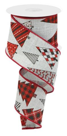 a roll of red and white ribbon with black and white plaid designs on the side