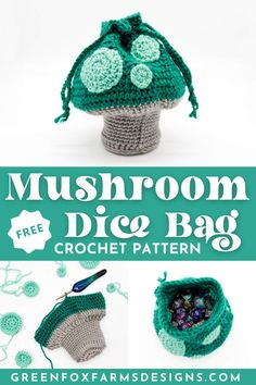 a crocheted mushroom bag is shown with the text, free pattern and instructions to make