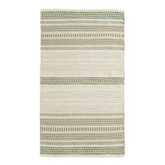 a white rug with green and beige stripes on the bottom, in front of a white background