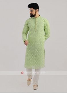 Lucknowi Work Kurta Pajama In Light Green Light Green Kurta For Men, Simple Kurta For Men, Lucknowi Chikankari Kurta For Men, Lucknowi Kurta For Men Wedding, Lakhnavi Kurta Design For Men, Lakhnavi Kurta, Lucknowi Kurta, Wedding Kurta