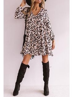 Leopard Print Long Sleeve Midi Dress, Chic Leopard Print V-neck Mini Dress, Chic Long Sleeve Leopard Print Mini Dress, Chic Knee-length Leopard Print Mini Dress, Casual Leopard Print Mini Dress, Fall Mini Dress For Brunch, Chic Leopard Print Dress For Day Out, Fall Leopard Print V-neck Mini Dress, Fall Day Out V-neck Mini Dress