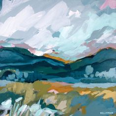 an abstract painting of mountains and clouds