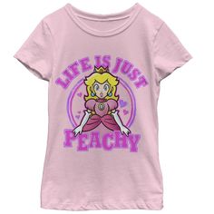 If you're going to the Mushroom Kingdom be sure to wear the Nintendo Life is Just Peachy Light Pink T-Shirt. Princess Peach smiles on the front of this cute pink tee with "Life is Just Peachy" and hearts printed around her. Size: xl. Gender: female. Age Group: kids. Pattern: Fictitious Character. Material: Cotton.