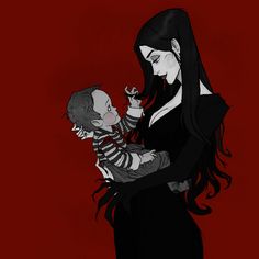 a drawing of a woman holding a child in her arms with blood on the wall behind her