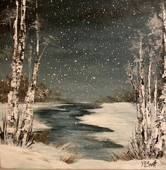 a painting of trees and water in the snow at night with stars falling from the sky