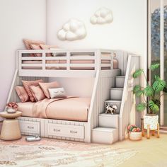 a bedroom with a bunk bed and stairs leading up to the top floor is shown in this artist's rendering