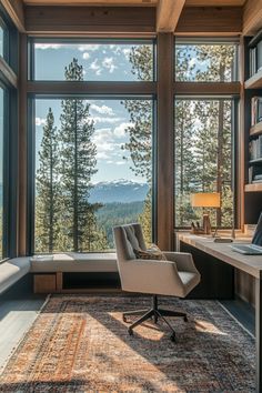 a chair sitting in front of a window on top of a wooden floor next to a desk