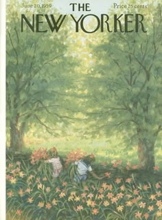 the new yorker magazine cover with two people picking flowers in front of some trees