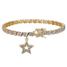 PRICES MAY VARY. STAR BRACELET: The star charm dangles from a diamond accented S-link chain which offers sparkle from every angle HYPOALLERGENIC: Carefully crafted in 18 karat yellow gold-plated bronze, Morgan & Paige tennis bracelets for women are ideal for those with sensitive skin DOUBLE LATCH CLOSURE: The double latch closure provides a secure fit. Wear your diamond accented tennis bracelet time and time again EASY GIFTING: This gold star bracelet comes in a chic, gift-ready box that is perf Gold Bracelets Stacked, Dope Jewelry Accessories, Jewelry Wardrobe, Jewelry Accessories Ideas, Gold Charm Bracelet, Dope Jewelry, Star Bracelet, Jewelry Lookbook, Fine Jewelry Bracelets