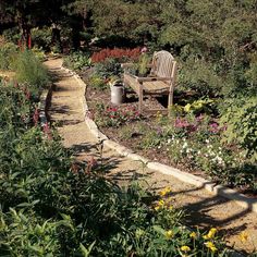 a wooden bench sitting in the middle of a garden filled with lots of plants and flowers