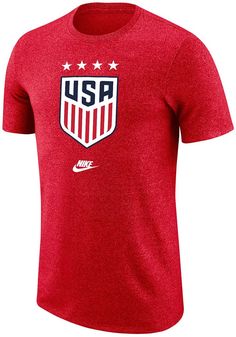 Support your USWNT in this Red Short Sleeve Fashion Tee! This Crest Fashion T Shirt features a lightweight material with a crew neckline and screen printed team graphics. Be ready to shout "One Nation, One Team" when you wear this USWNT Short Sleeve Fashion T Shirt in the stadium or on the street. Durable hand-feel with a smooth surface, Rich heather effect, Rib knit collar, Open sleeve hem, Screen print graphic, Unisex, Fit: True to Size, 50% COTTON/ 50% POLYESTER Red Nike Tops With Team Spirit, Red Sports T-shirt, Red Graphic Print Jersey T-shirt, University Red Graphic Print Short Sleeve T-shirt, Red Stretch Sports T-shirt, Gym Dress, Red Short Sleeve T-shirt For Sports, Red Crew Neck T-shirt With Flag Print, Red Cotton T-shirt With Flag Print