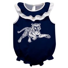 Jackson State University Tigers Blue Sleeveless Ruffle One Piece Jumpsuit Logo Bodysuit by Vive La Fete Jackson State University, Jackson State, One Piece Jumpsuit, University Outfit, Ruffle Bodysuit, State University, Tigers, Moisture Wicking, University