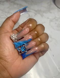 Blue Junk Nails, Exotic Nails Acrylic, Gemini Birthday Nails, Bling Stiletto Nails, Duck Nail, Poppin Nails, Hard Nails, Duck Nails, Long Nail Designs