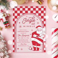 a christmas party flyer is displayed on a pink background with holiday decorations and candy canes