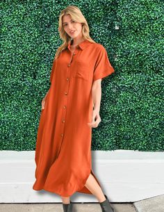 burnt orange maxi dress button up side slits front pocket Boot Color With Burnt Orsnge Dress, Burnt Orange Linen Dress, Burnt Orange Maxi Dress, Summer Orange Dress With 3/4 Sleeves, Casual Orange Button-up Dress, Orange V-neck Rayon Dress, Solid Midi Dress, Orange Maxi Dress, Burnt Orange Dress