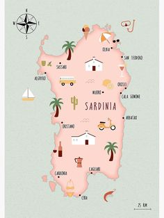 an illustrated map of the country of sardina, with all its main attractions